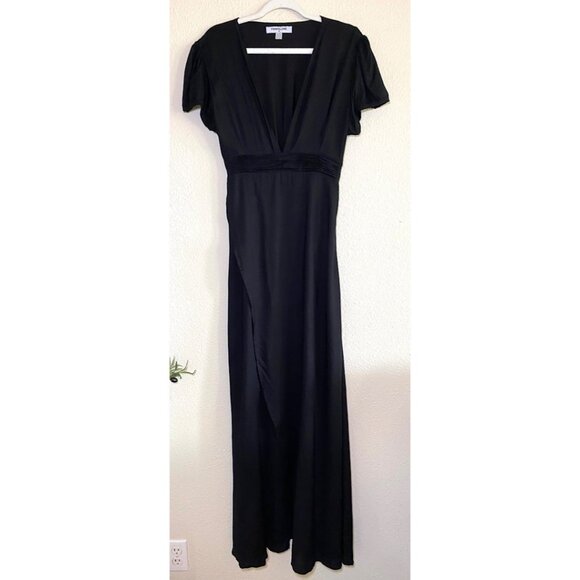 Pampelone V-Neck Short Sleeve High Slit Faux Wrap Long Maxi Dress Black - Picture 6 of 10
